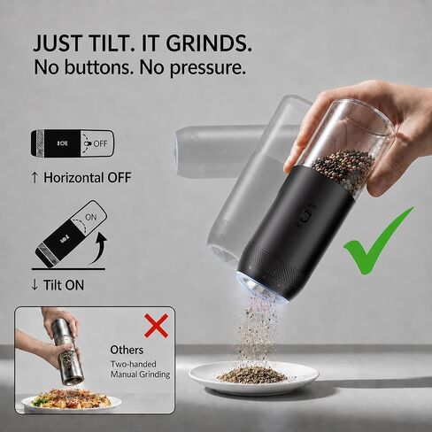Gravity Electric Salt and Pepper Grinder Set, Rechargeable Automatic Mills with Charging Base, 6-Level Adjustable Coarseness, LED Light, Matte Black, 2-Pack in Kuwait