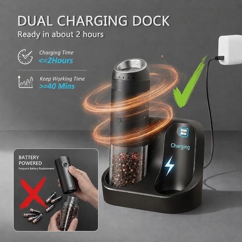Gravity Electric Salt and Pepper Grinder Set, Rechargeable Automatic Mills with Charging Base, 6-Level Adjustable Coarseness, LED Light, Matte Black, 2-Pack in Kuwait