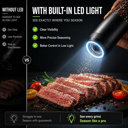 Gravity Electric Salt and Pepper Grinder Set, Rechargeable Automatic Mills with Charging Base, 6-Level Adjustable Coarseness, LED Light, Matte Black, 2-Pack in Kuwait