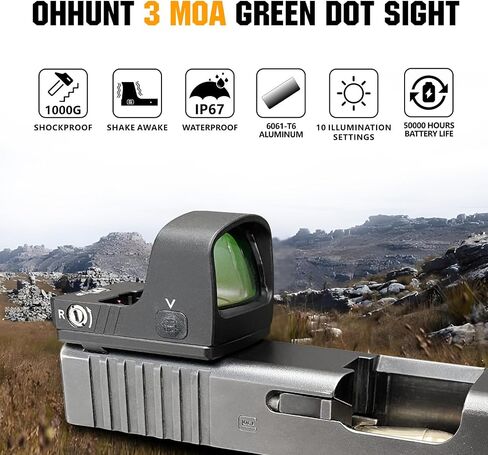 ohhunt RD U2 3 MOA Green Dot Sight متوافق مع RMR Footprint | لـ Picatinny Mount 1X24X20mm Micro Shake Awake Red جهاز الرؤية العاكس 10 مستويات سطوع in Kuwait