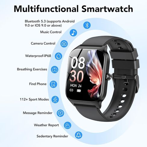 Smart Watch for Men Women,1.85" HD Fitness Tracker with Bluetooth Calls/ AI Voice Control, 120+Sports Modes, 24/7 Heart Rate/Sleep Monitor, Pedometer, Calories, Waterproof Smartwatch for Android iOS in Kuwait