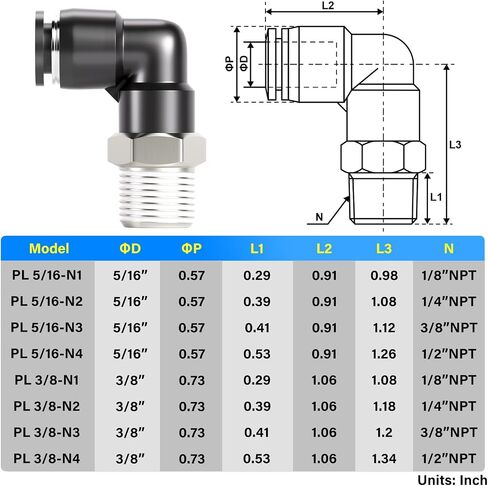 TAILONZ PNEUMATIC Male Elbow 3/8 Inch Tube OD x 1/4 Inch NPT Thread 90 Push to Connect Fittings PL-3/8-N2 (Pack of 10) in Kuwait