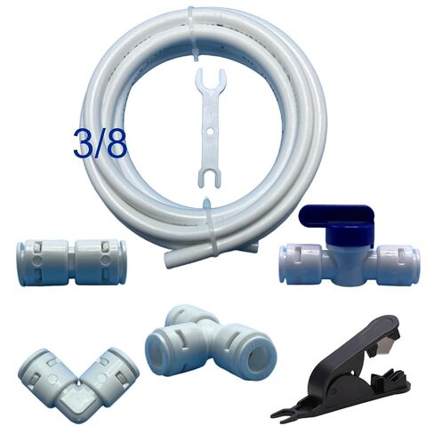 طقم خط مياه RO بطول 10 أقدام و3/8 بوصة: تركيبات توصيل سريعة لأنابيب 3/8 بوصة (صمام كروي لخط مياه مقاس 3/8 بوصة + تي شيرت + كوع + مستقيم) وأداة قطع/مزيل الأنبوب لأجهزة تنقية المياه وأنظمة الثلاجة in Kuwait