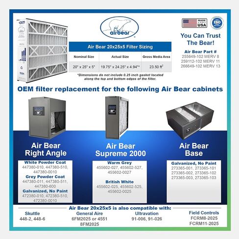 فلتر هواء Air Bear 20x25x5 MERV 13 (عبوتان) استبدال فلتر هواء HVAC مطوي (الحجم الفعلي: 19.75 × 24.25 × 4.9 بوصة) متوافق مع الجزء رقم: 266649-102 in Kuwait