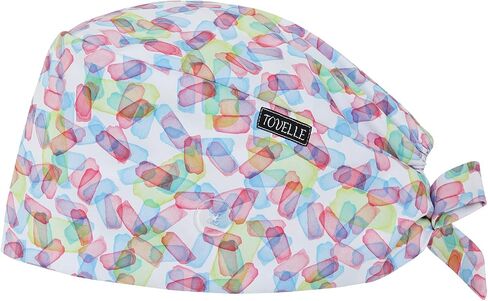 Colorful Color Blocks Double-Sided Printed Scrub Caps for Women with Buttons, Adjustable Helps Reduce Static Buildup Medical Hats, Breathable Surgical Caps with Sweatband for Long Hours in Kuwait