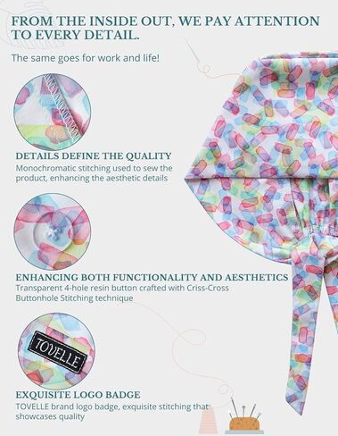 Colorful Color Blocks Double-Sided Printed Scrub Caps for Women with Buttons, Adjustable Helps Reduce Static Buildup Medical Hats, Breathable Surgical Caps with Sweatband for Long Hours in Kuwait