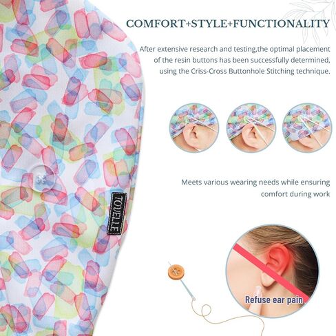 Colorful Color Blocks Double-Sided Printed Scrub Caps for Women with Buttons, Adjustable Helps Reduce Static Buildup Medical Hats, Breathable Surgical Caps with Sweatband for Long Hours in Kuwait