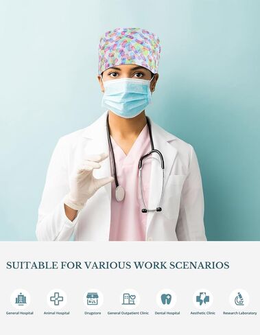 Colorful Color Blocks Double-Sided Printed Scrub Caps for Women with Buttons, Adjustable Helps Reduce Static Buildup Medical Hats, Breathable Surgical Caps with Sweatband for Long Hours in Kuwait