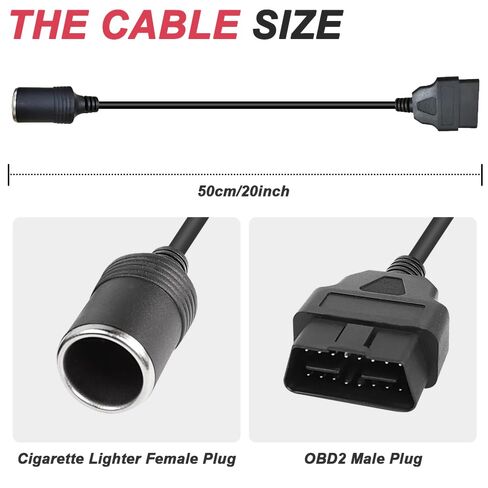OBD2 to Cigarette Lighter Female Socket Adapter Cable, 16Pin OBD Male to Female Cigarette Lighter Power Cable for OBD2 Equipment Car Accessories with Waterproof Cover (50cm/20in) in Kuwait