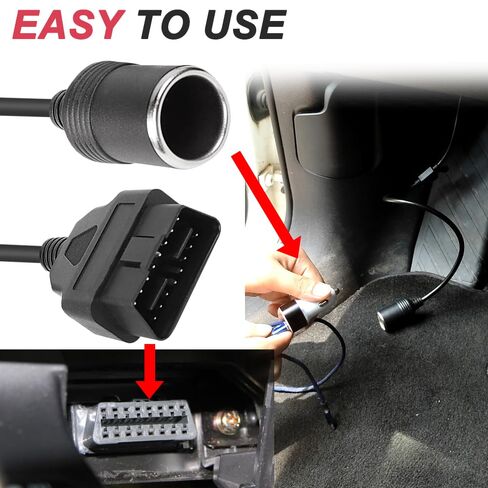 OBD2 to Cigarette Lighter Female Socket Adapter Cable, 16Pin OBD Male to Female Cigarette Lighter Power Cable for OBD2 Equipment Car Accessories with Waterproof Cover (50cm/20in) in Kuwait