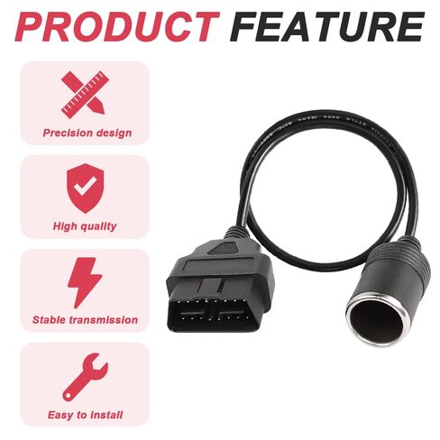OBD2 to Cigarette Lighter Female Socket Adapter Cable, 16Pin OBD Male to Female Cigarette Lighter Power Cable for OBD2 Equipment Car Accessories with Waterproof Cover (50cm/20in) in Kuwait
