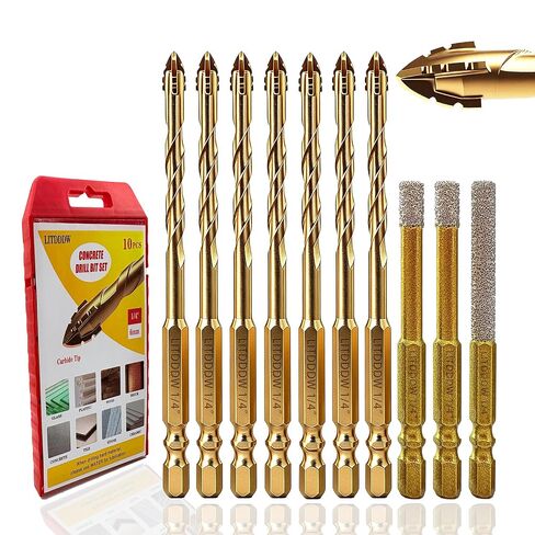 10 قطع 1/4 بوصة مجموعة لقمة مثقاب البناء، 1/4 بوصة لقمة مثقاب ماسية، طرف لقمة مثقاب من الكربيد ذو القوة الصناعية للطوب/البلاستيك/السيراميك/البلاط/الخشب/الرخام in Kuwait