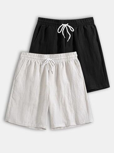 Men's Linen Blend Drawstring Elastic Waist Shorts 2 Pack,Casual Lightweight Breathable Bottoms for Summer Beach Daily Wear in Kuwait