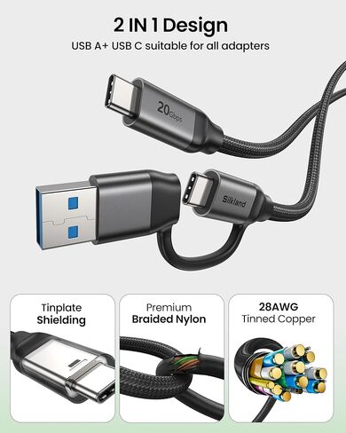 كابل بيانات Silkland 2 في 1 10 جيجابت في الثانية USB A إلى USB C 3.1/3.0، USB C إلى USB C 3.2 GEN 2x2 20 جيجابت في الثانية كابل فيديو للشاشة، شحن سريع 15 وات/240 وات لهاتف iPhone 17/16، وSamsung S24/23، وMacBook/SSD 3.3FT in Kuwait