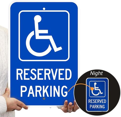 لافتة معدنية مخصصة لوقوف السيارات مقاس 18 × 12 بوصة من SmartSign مع رمز للمعاقين، مركب ألومنيوم 120 مل (ACM)، مادة عاكسة من الدرجة الهندسية، أزرق وأبيض، صناعة أمريكية، 100 عام من خبرة اللافتات in Kuwait