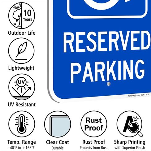 لافتة معدنية مخصصة لوقوف السيارات مقاس 18 × 12 بوصة من SmartSign مع رمز للمعاقين، مركب ألومنيوم 120 مل (ACM)، مادة عاكسة من الدرجة الهندسية، أزرق وأبيض، صناعة أمريكية، 100 عام من خبرة اللافتات in Kuwait