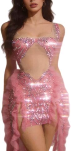 Women's Pink Sheer Mesh Ruffle Party Dress Rhinestone Bodycon Mini Dress with Long Tulle Flounces for Latin Dance & Stage in Kuwait