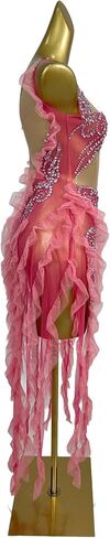Women's Pink Sheer Mesh Ruffle Party Dress Rhinestone Bodycon Mini Dress with Long Tulle Flounces for Latin Dance & Stage in Kuwait