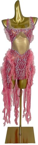Women's Pink Sheer Mesh Ruffle Party Dress Rhinestone Bodycon Mini Dress with Long Tulle Flounces for Latin Dance & Stage in Kuwait