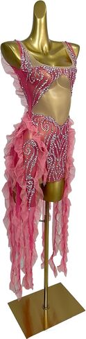 Women's Pink Sheer Mesh Ruffle Party Dress Rhinestone Bodycon Mini Dress with Long Tulle Flounces for Latin Dance & Stage in Kuwait