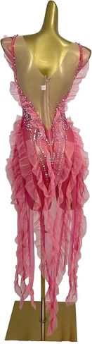 Women's Pink Sheer Mesh Ruffle Party Dress Rhinestone Bodycon Mini Dress with Long Tulle Flounces for Latin Dance & Stage in Kuwait