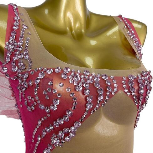 Women's Pink Sheer Mesh Ruffle Party Dress Rhinestone Bodycon Mini Dress with Long Tulle Flounces for Latin Dance & Stage in Kuwait