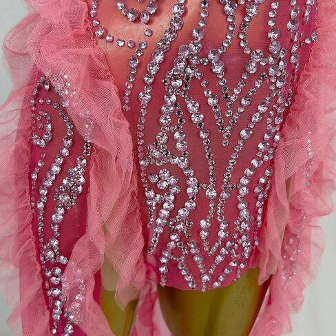Women's Pink Sheer Mesh Ruffle Party Dress Rhinestone Bodycon Mini Dress with Long Tulle Flounces for Latin Dance & Stage in Kuwait