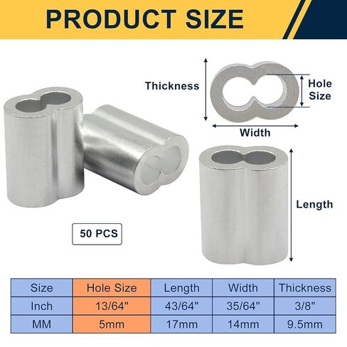 50PCS 5/32" Cable Crimp Sleeves,Aluminum Wire Rope Crimping Loop Sleeve Double Barrel Crimp Sleeves,Cable Ferrules for Cable and Wire Rope(M4-5/32") in Kuwait