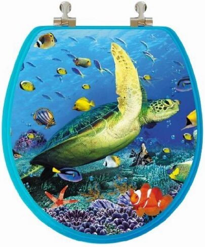 مقعد مرحاض دائري ثلاثي الأبعاد من سلسلة Ocean مع مفصلات معدنية مطلية بالكروم، خشب، سلحفاة بحرية in Kuwait