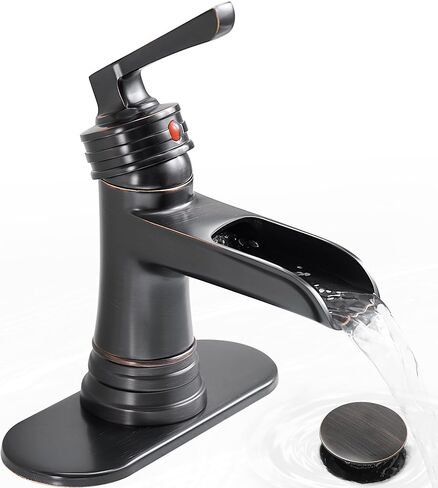 Matte Black Bathroom Faucet 1 Hole, Brass Waterfall Bathroom Faucets 3 Hole 4 Inch Single Handle with Pop-up Drain, Deck Plate, Pre-Installed cUPC Hose for Lavatory, Farmhouse, 5 Mins Install in Kuwait