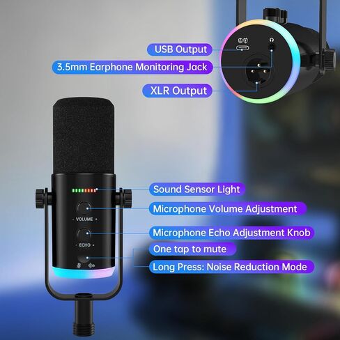 ميكروفون ديناميكي XLR USB للتسجيل الصوتي والألعاب مع مقبس سماعة الرأس والتحكم في مستوى الصوت وزر كتم الصوت. ميكروفون قلبي الشكل لبطاقات الصوت، والخلاطات، وأجهزة الكمبيوتر الشخصية، وأجهزة MAC (ميكروفون مزود بحامل ذراع بوم) in Kuwait