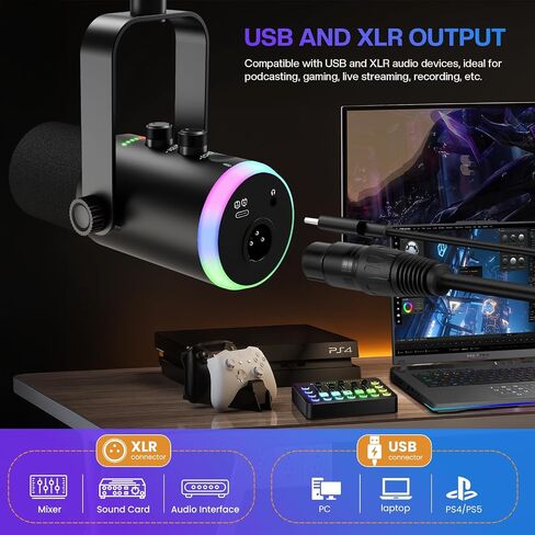 ميكروفون ديناميكي XLR USB للتسجيل الصوتي والألعاب مع مقبس سماعة الرأس والتحكم في مستوى الصوت وزر كتم الصوت. ميكروفون قلبي الشكل لبطاقات الصوت، والخلاطات، وأجهزة الكمبيوتر الشخصية، وأجهزة MAC (ميكروفون مزود بحامل ذراع بوم) in Kuwait