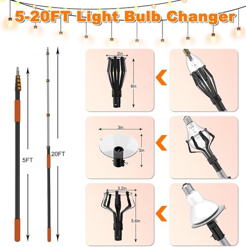 Buyplus 26FT Reach Light Bulb Changer for High Ceilings with 5-20FT Telescopic Extension Pole, Easy Flip-Tab Lock Bulb Changing Pole Extension with Basket and Suction Cup for Recessed Lights in Kuwait