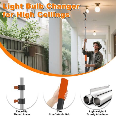 Buyplus 26FT Reach Light Bulb Changer for High Ceilings with 5-20FT Telescopic Extension Pole, Easy Flip-Tab Lock Bulb Changing Pole Extension with Basket and Suction Cup for Recessed Lights in Kuwait