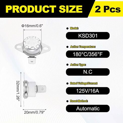 MECCANIXITY 2 Pack KSD301 Thermostat 180°C/356°F 16A Normally Closed N.C Adjust Snap Disc Temperature Switch, Thermal Cutoff Switch for Microwaves, Oven, Coffee Maker, Ceramic Material in Kuwait
