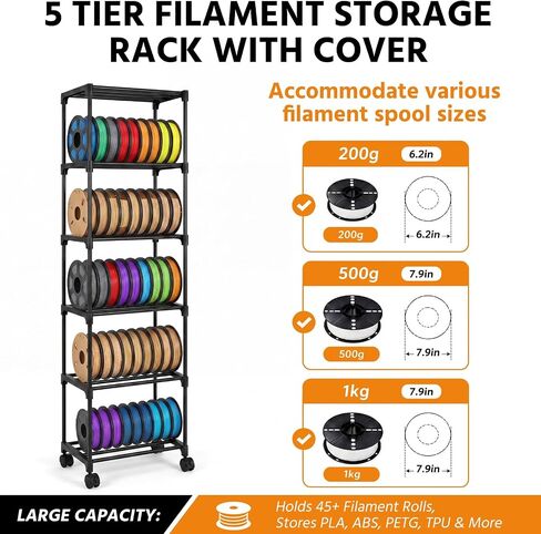 Yookeer 5 Tiers 3D Printer Filament Storage Rack Heavy Duty Filament Metal Holder Large Capacity Rolling Spool Organizer Shelf with Wheels and Dust Cover for 3D Printing Studio Home Office Workshop in Kuwait