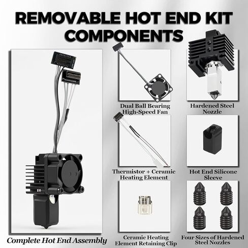 0.2/0.4/0.6/0.8mm Full Assembly Nozzle Kit for Bambu Lab P1P P1S | Full Assembly Hardened Steel Nozzle Kit with Ceramic Heater, Cooling Fan&Heating Block, Complete Hotend Nozzle Kit in Kuwait