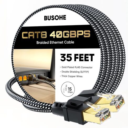 كابل إيثرنت BUSOHE Cat 8 بطول 25 قدمًا، كابل إنترنت شبكي مجدول عالي السرعة 40 جيجابت في الثانية 2000 ميجا هرتز مع موصل RJ45 مطلي بالذهب، كابل LAN عالي التحمل S/FTP مقاوم للأشعة فوق البنفسجية لجهاز التوجيه/الألعاب/الكمبيوتر الشخصي، 15 مقطعًا in Kuwait