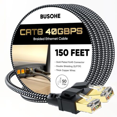 كابل إيثرنت BUSOHE Cat 8 بطول 25 قدمًا، كابل إنترنت شبكي مجدول عالي السرعة 40 جيجابت في الثانية 2000 ميجا هرتز مع موصل RJ45 مطلي بالذهب، كابل LAN عالي التحمل S/FTP مقاوم للأشعة فوق البنفسجية لجهاز التوجيه/الألعاب/الكمبيوتر الشخصي، 15 مقطعًا in Kuwait