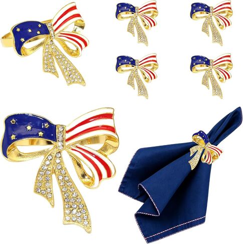 4th of July Napkin Rings Set of 6 Sparkly Rhinestone American Flag Patriotic Napkin Ring for Independence Day Memorial Day Decor,Blue Red White Napkin Ring for USA Themed Dining Table Setting in Kuwait