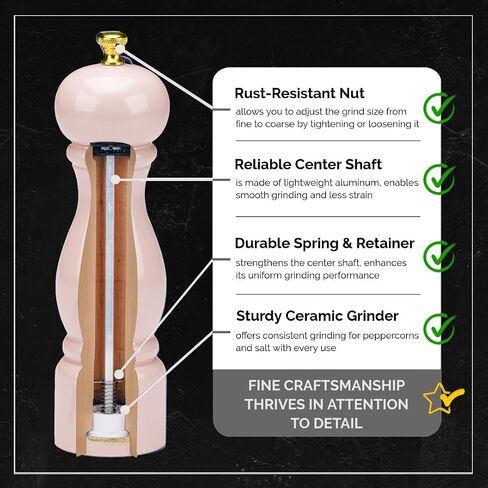 Rose Pink Salt Grinder Mill, 8 Inch Pepper Grinder, Best Gift for Mom | Wood Pepper Mill with Adjustable Coarseness, Refillable Wooden Salt Mill, Unique Kitchen Present for Mother from Daughter Son in Kuwait