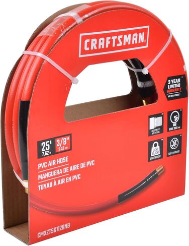 خرطوم هواء PVC مقاس 3/8 بوصة × 25 قدمًا من CRAFTSMAN، 300 رطل لكل بوصة مربعة، خفيف الوزن، مقاوم للالتواء مع مقيدات الانحناء، غير قابل للتشوه in Kuwait