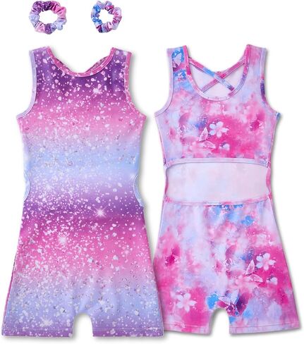 Gymnastics Leotards for Girls 2 Pack Outfit Biketards Unitards | for 1-14 Years, 2 Matching Scrunchies, Criss Cross Open Back, Sleeveless, Stretchy Fabric, for Tumbling Practice in Saudi Arabia