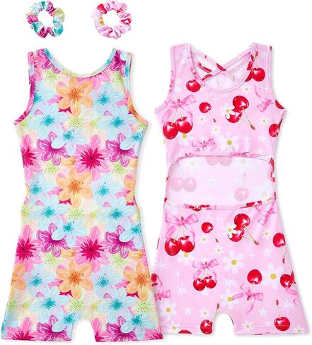 Gymnastics Leotards for Girls 2 Pack Outfit Biketards Unitards | for 1-14 Years, 2 Matching Scrunchies, Criss Cross Open Back, Sleeveless, Stretchy Fabric, for Tumbling Practice in Saudi Arabia