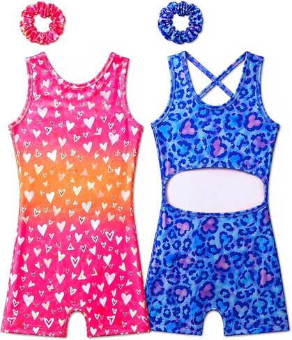 Gymnastics Leotards for Girls 2 Pack Outfit Biketards Unitards | for 1-14 Years, 2 Matching Scrunchies, Criss Cross Open Back, Sleeveless, Stretchy Fabric, for Tumbling Practice in Saudi Arabia