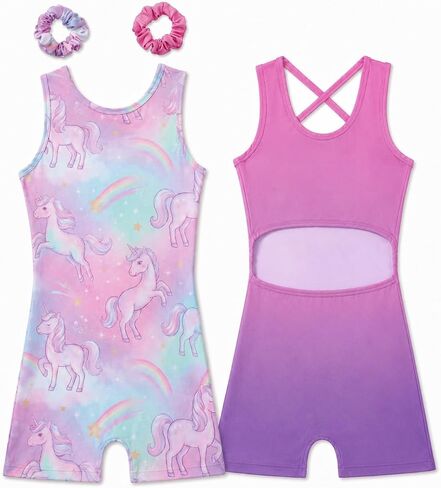 Gymnastics Leotards for Girls 2 Pack Outfit Biketards Unitards | for 1-14 Years, 2 Matching Scrunchies, Criss Cross Open Back, Sleeveless, Stretchy Fabric, for Tumbling Practice in Saudi Arabia