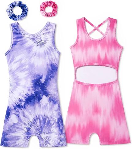 Gymnastics Leotards for Girls 2 Pack Outfit Biketards Unitards | for 1-14 Years, 2 Matching Scrunchies, Criss Cross Open Back, Sleeveless, Stretchy Fabric, for Tumbling Practice in Saudi Arabia