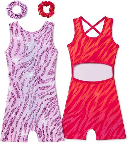 Gymnastics Leotards for Girls 2 Pack Outfit Biketards Unitards | for 1-14 Years, 2 Matching Scrunchies, Criss Cross Open Back, Sleeveless, Stretchy Fabric, for Tumbling Practice in Saudi Arabia