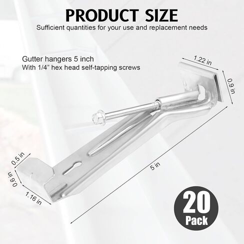 20 Pcs Gutter Hangers 5 inch with Pre-Inserted Quick Screw Gutter Clips, Hidden Gutter Bracket Come with 1/4" Hex Drill Bit for Repair 5" K-Style Aluminum Gutters in Saudi Arabia