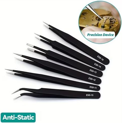 Transform Your Crafting Game with 6pcs ESD Anti-Static Stainless Steel Tweezers - Precision Maintenance & Industrial Repair Curved Tools for Home Working & Model Making in Saudi Arabia